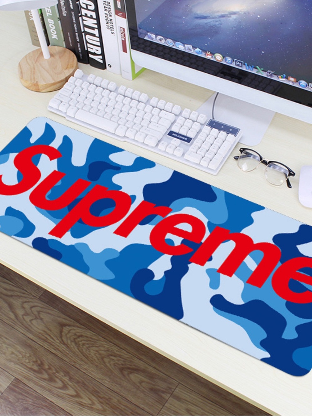 Blue Camo Desk Mat with Red Logo